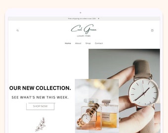 Puede incluir: Una página de inicio de un sitio web para una tienda de artículos de lujo llamada "Cool Green" que presenta una nueva colección de relojes y perfumes. El texto "Our New Collection. See what's new this week. Shop Now" se muestra en la página.