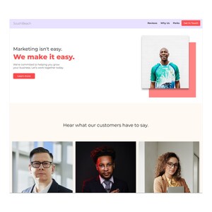 May include: Website screenshot showing a company's homepage with the text "Marketing isn't easy. We make it easy." and a call to action button that says "Learn more". The website also features a section with customer testimonials and images of three people.