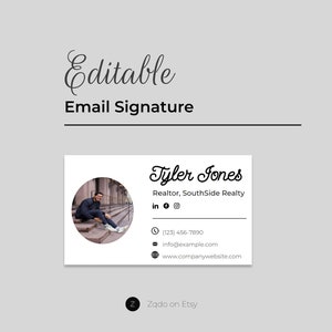 Può includere: Modello di firma e-mail modificabile con una foto di un agente immobiliare, Tyler Jones, con informazioni di contatto per SouthSide Realty. Il modello include icone per LinkedIn e Instagram.