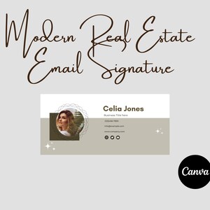 May include: A modern real estate email signature template with a light brown background. The signature includes a photo of a woman, her name, business title, phone number, email address, website address, and social media icons.
