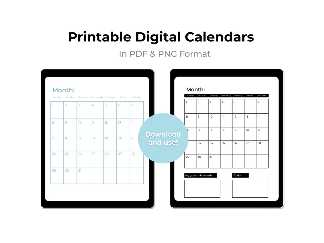 Printable Digital Downloadable Calendar Monthly Planner Goodnotes