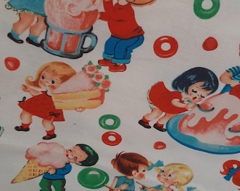 May include: A repeating pattern featuring cartoon children and desserts. The illustrations include children with ice cream cones, cake slices, and a large sundae. Red, green, and white candies and decorations are scattered throughout the design.