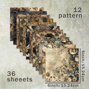 May include: A set of 36 decorative paper sheets featuring 12 different patterns. Each sheet measures 6 inches by 6 inches and features a vintage steampunk design with intricate details in gold, brown, and blue.
