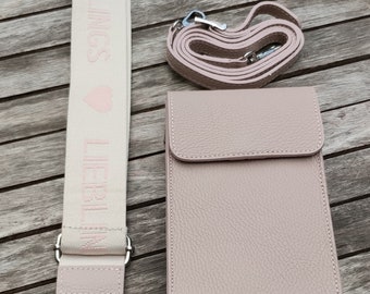Crossbody bag in antique rose with a narrow leather strap, genuine leather, wallet, silver snap hook, mobile phone pocket