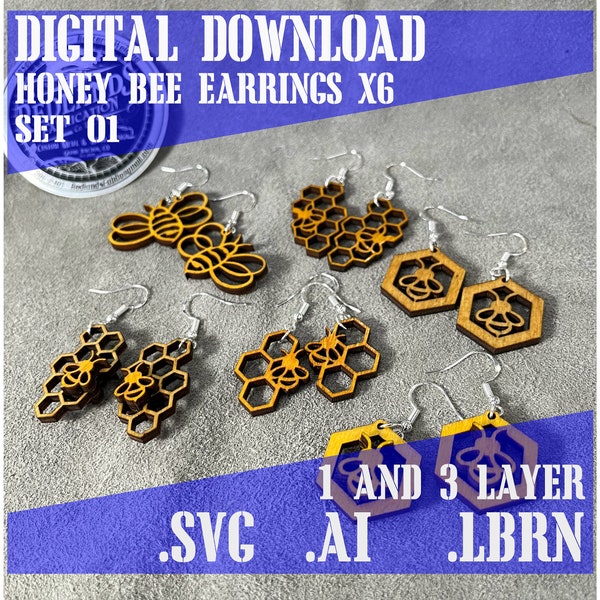 SVG Honey Bee Earring Set x6 versions FILE ONLY