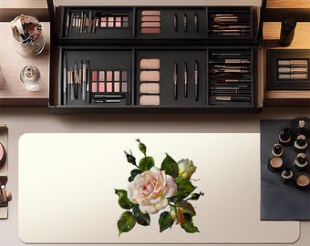 Handcrafted Floral Vanity Makeup Mats, Makeup Deco, Organizer. White Rose.