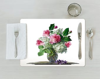 Handmade Floral Placemat, Wedding Gift, Pink Rose, Elegant and Uplifts Any Space