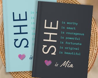 She Is Affirmations Journal, Custom Journal With Name, Personalized Notebook, Gift For Women, Self Care Notebook, Healing Journal, Wellness