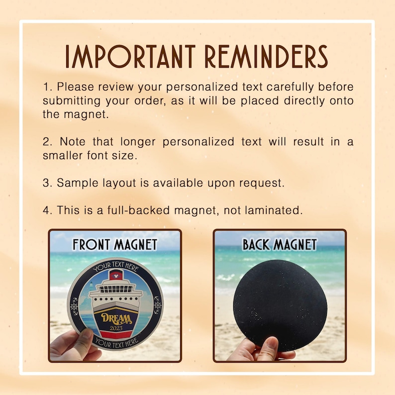 May include: A round magnet featuring a blue and white cruise ship illustration. The text "Dream 2023" is on the ship. The magnet has the text "Your Text Here" above and below the ship. The back of the magnet is black.