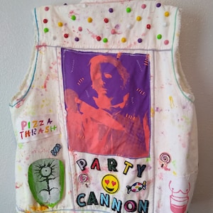 Handmade 'Birthday Cake Splatter' Vest - Patched, Studded, Painted Denim Battlejacket with Halloween back Metal Punk Party Jacket for THRASH