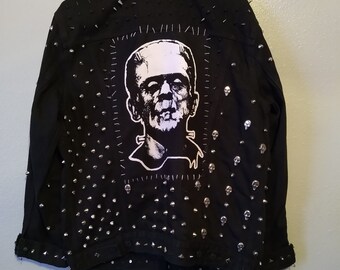 Handmade 'Frankenjacket' - Heavily studded Levis Black Denim Battlejacket with Frankenstein back patch - goth skull studs - punk spikes -