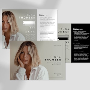 Może przedstawiać: Czarno-biały szablon CV ze zdjęciem kobiety o blond włosach. CV zawiera imię i nazwisko Linda Thomsen, doświadczenie zawodowe i umiejętności. Tekst "website.de" znajduje się na dole strony.