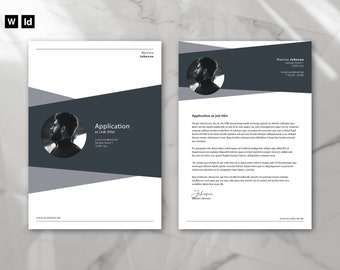 May include: A black and white resume template with a photo of a person on the left side and a cover letter on the right side. The resume template has the text "Application as [Job title]" and the cover letter has the text "Application as job title".