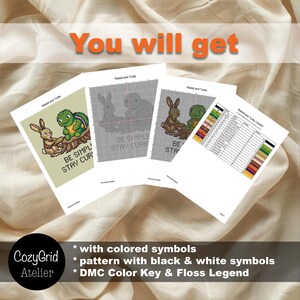 May include: A cross-stitch pattern set titled Rabbit and Turtle featuring a colored design, a black and white grid chart, and a DMC color key. The text reads You will get, Be Simply Stay Curious, and CozyGrid Atelier.