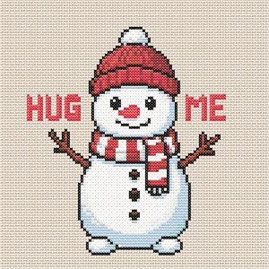 May include: A cross-stitch pattern on beige fabric featuring a white snowman wearing a red knit hat with a white pom-pom and a red and white striped scarf. The snowman has a carrot nose, black eyes, and three buttons. The text HUG ME is in red.