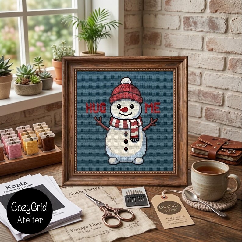 May include: A framed cross-stitch embroidery featuring a white snowman wearing a red knit hat and a red and white striped scarf. The snowman is centered on a blue background with the red text HUG ME. The frame is dark brown wood.