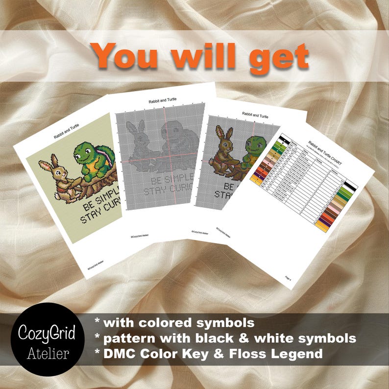 May include: A cross-stitch pattern set titled Rabbit and Turtle featuring a colored design, a black and white grid chart, and a DMC color key. The text reads You will get, Be Simply Stay Curious, and CozyGrid Atelier.