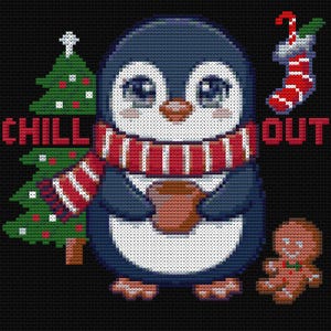 May include: A cross-stitch pattern on a black background featuring a central penguin wearing a red and white striped scarf and holding a brown mug. To the left is a green Christmas tree, to the right a red stocking, and the text CHILL OUT.