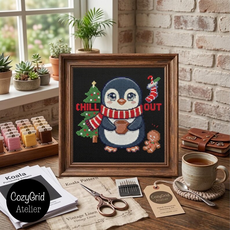 May include: A framed cross-stitch embroidery featuring a penguin wearing a red and white striped scarf, holding a brown mug, next to a green Christmas tree, a red and white stocking, and a gingerbread man, with the text CHILL OUT.