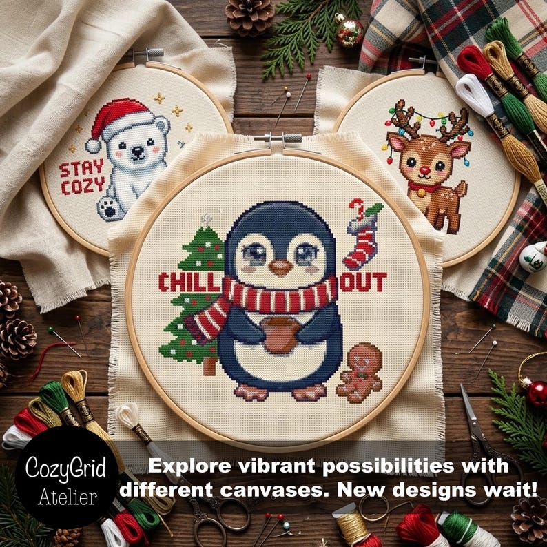 May include: Three circular wooden embroidery hoops containing cross-stitch designs. One features a polar bear with the text STAY COZY, one a reindeer with Christmas lights, and the center one a penguin with the text CHILL OUT.