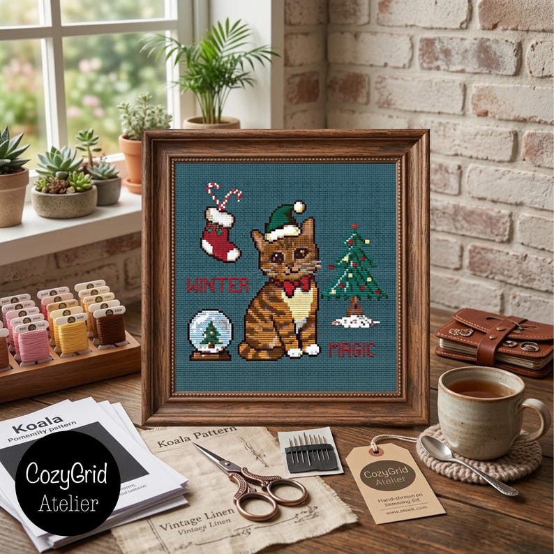K&ouml;nnte beinhalten: Ein gerahmtes Kreuzstichbild mit einer braunen getigerten Katze, die eine gr&uuml;ne Weihnachtsm&uuml;tze und eine rote Fliege tr&auml;gt, umgeben von einem Weihnachtsstrumpf, einer Schneekugel und einem Tannenbaum, mit dem Text WINTER MAGIC.
