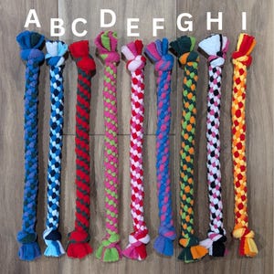 May include: Nine colorful braided rope dog toys with knots at each end. The ropes are in various colors including purple, blue, red, green, pink, orange, black, and white.