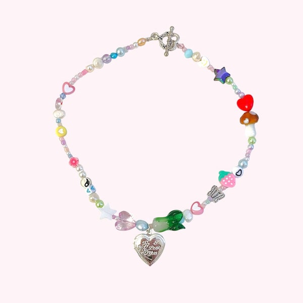 harajuku rainbow locket freshwater pearl mismatched beaded necklace