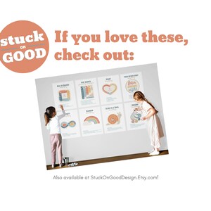 May include: A display of educational posters with colorful illustrations and text, including "Buy on Square," "Five Senses," and "Heart." The posters are displayed on a white wall, with the text "If you love these, check out:" and "Stuck on Good" in the upper left corner.