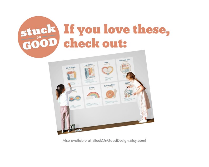 May include: A display of educational posters with colorful illustrations and text, including "Buy on Square," "Five Senses," and "Heart." The posters are displayed on a white wall, with the text "If you love these, check out:" and "Stuck on Good" in the upper left corner.