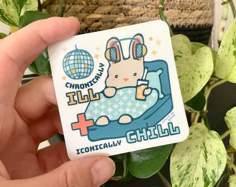 Pegatina de conejito con enfermedad crónica: Conejo acogedor con bola de discoteca