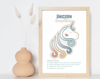 Impresión del ejercicio de respiración de unicornio: Póster del Rincón de la Calma para Niños (Descarga digital)