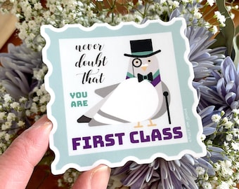 Pegatina de paloma elegante / Sello postal de primera clase / Nunca dudes de ti mismo / Paloma divertida con sombrero de copa, monóculo, pajarita y bastón