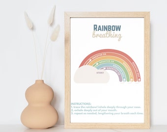 Póster de Mindfulness "Calm Corner", Respiración Arcoíris, Actividad de Salud Mental, DESCARGA DIGITAL INSTANTÁNEA