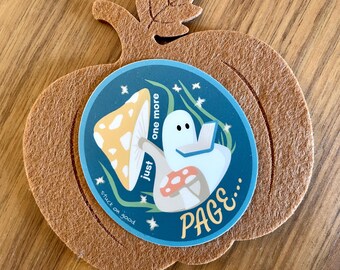Pegatina de fantasma leyendo "Solo una página más", divertida calcomanía de Halloween para amantes de los libros.