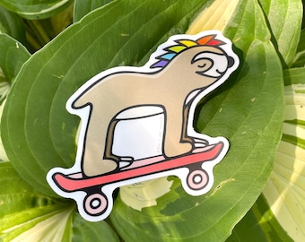 Skateboarding Sloth Sticker: Rainbow Mohawk, Pride Decal