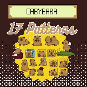 May include: A yellow background with 17 different pixel art patterns of a capybara in various poses. The text "Capybara 17 Patterns" is at the top of the image.