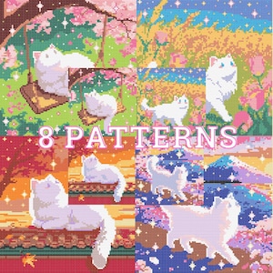 May include: A pixelated image showcasing eight patterns with white cats in different poses. The backgrounds are vibrant, with pink, green, and blue tones, incorporating floral and starry designs. The text "8 PATTERNS" is displayed in pink.