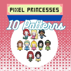 Puede incluir: Un conjunto de 10 patrones de pixel art con princesas Disney. Las princesas están representadas en un estilo de dibujos animados con colores brillantes y diseños simples. Los patrones son perfectos para punto de cruz, bordado u otros proyectos de pixel art.