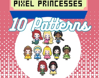 Puede incluir: Un conjunto de 10 patrones de pixel art con princesas Disney. Las princesas están representadas en un estilo de dibujos animados con colores brillantes y diseños simples. Los patrones son perfectos para punto de cruz, bordado u otros proyectos de pixel art.