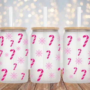 Pink Christmas 16oz Frosted beer can Sublimation | Pink Candy canes | Pink Snowflakes | Pink Christmas