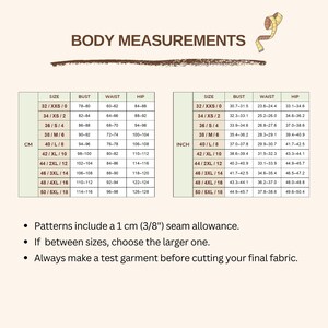 May include: A body measurements chart featuring two tables for sizing in centimeters and inches. The text includes BODY MEASUREMENTS, size ranges from XXS to 5XL, and instructions regarding a 1 cm (3/8 inch) seam allowance, choosing larger sizes, and making a test garment.