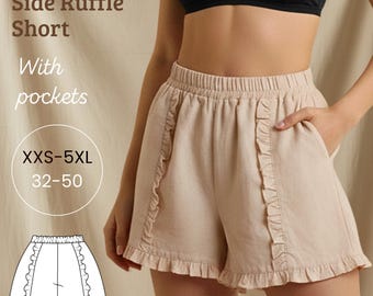 Shorts med sidovolanger och fickor i PDF-sömnadsmönster i PDF-format – nybörjarvänligt – 10 storlekar tillgängliga