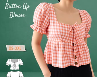 Square Neck Tie Front Puff Sleeve Blouse -button up Shirt