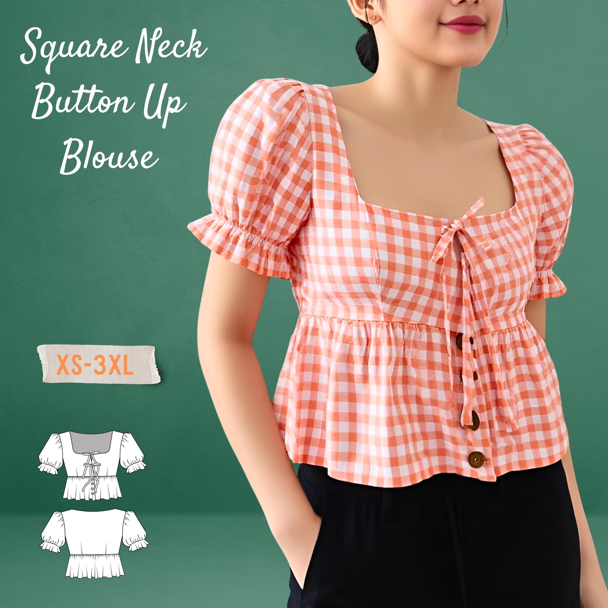 Square Neck Tie Front Puff Sleeve Blouse -button up Shirt
