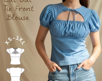 Blus med utskuren framsida och puffärm i PDF-sömnadsmönster – Nybörjarvänligt digitalt mönster i storlekarna XS-3XL
