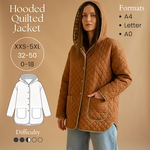 Może przedstawiać: Brązowa pikowana kurtka z kapturem, kieszeniami i zapięciem na guziki. Kurtka ma rombowy wzór i zielone wykończenia. Tekst na zdjęciu brzmi "Hooded Quilted Jacket", "XXS-5XL", "32-50", "0-18" oraz "Formats: A4, Letter, A0".