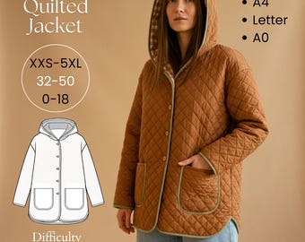 Överdimensionerad quiltad jacka/kappa med huva i PDF-format / 0/XXS/32-18/5XL/50 storlekar/A4-US Letter-A0
