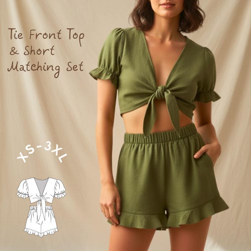 Tie Front Top & Shorts Matching Set Pdf Sewing Pattern (XS-3XL)