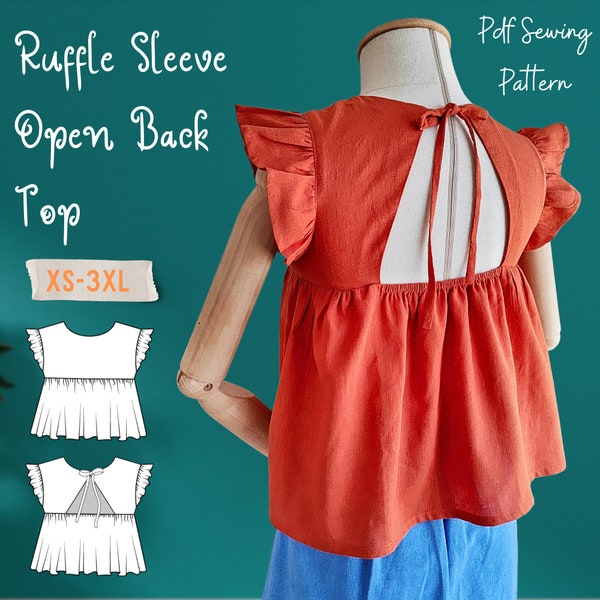 Ruffle Sleeve Open Tie Back Pdf Sewing Pattern- Well Made Trendy Digital Pattern in Sizes XS-3XL