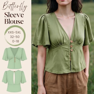 Patrón de costura en PDF para blusa con escote en V, mangas mariposa y abertura en la espalda - Patrón de top elegante para verano - 10 tallas disponibles